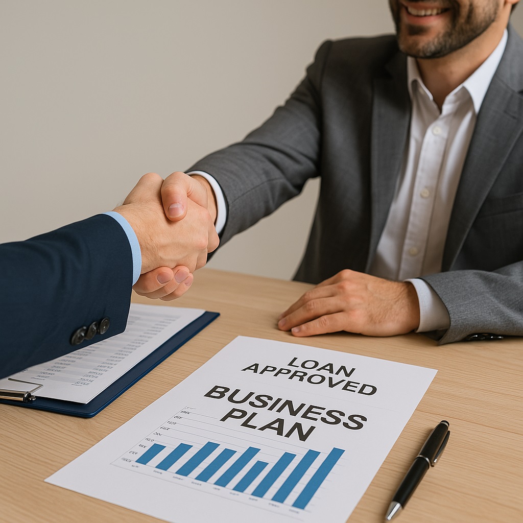 Χειραψία μεταξύ τραπεζίτη και επιχειρηματία – Αξιολόγηση φακέλου δανείου με business plan στο τραπέζι